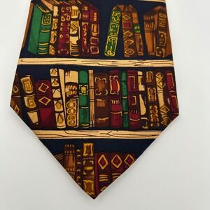 Alynn Necktie Ex Libris Mens Navy Silk Bookshelf Library Dark Academia Vintage